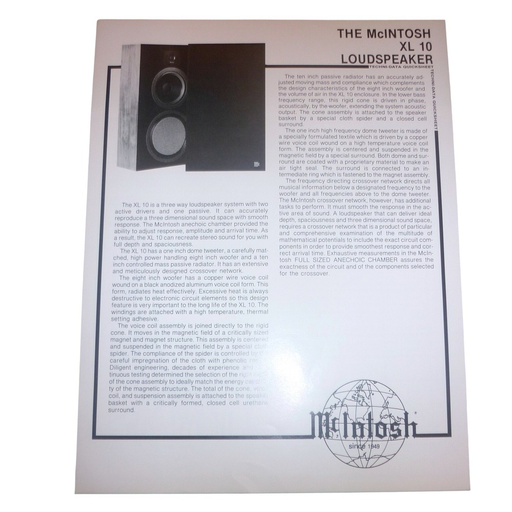 McIntosh XL 10 Loudspeaker Techni-Data Quicksheet Vintage Original Specs Sheet